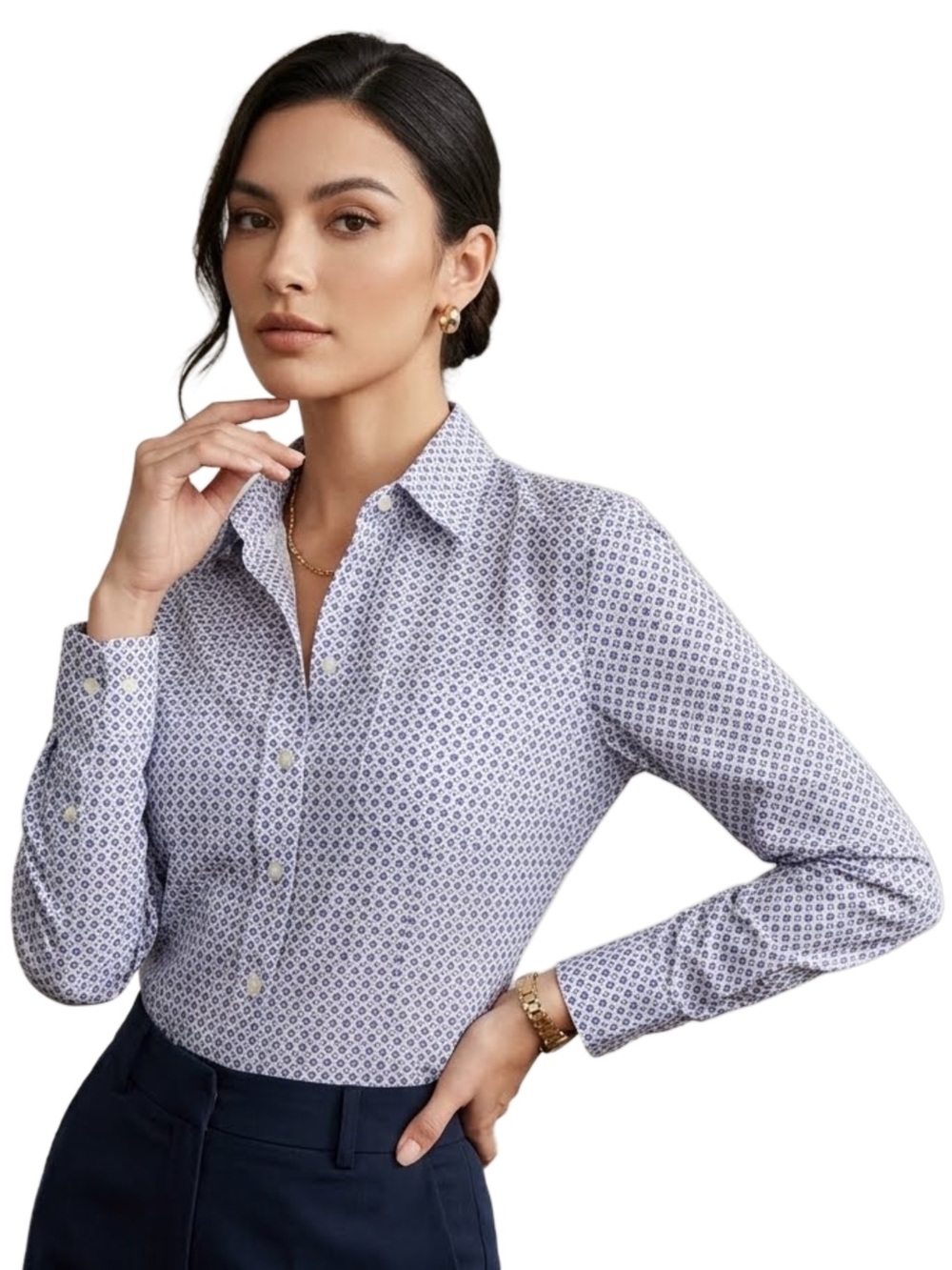 GAP Women's White and Light Blue Printed Button-Down Shirt